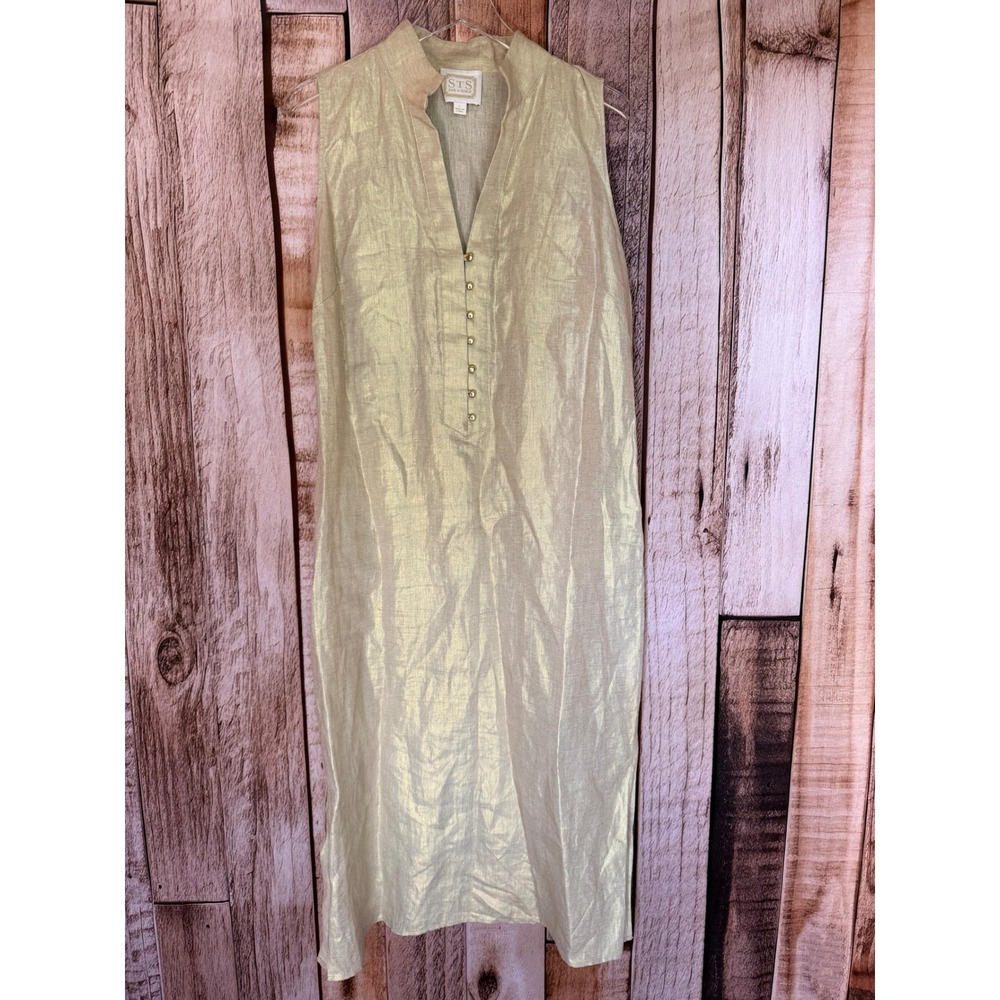 Sail to Sable 100% Linen Metallic Gold Midi Dress Beige Vacation Resort Large